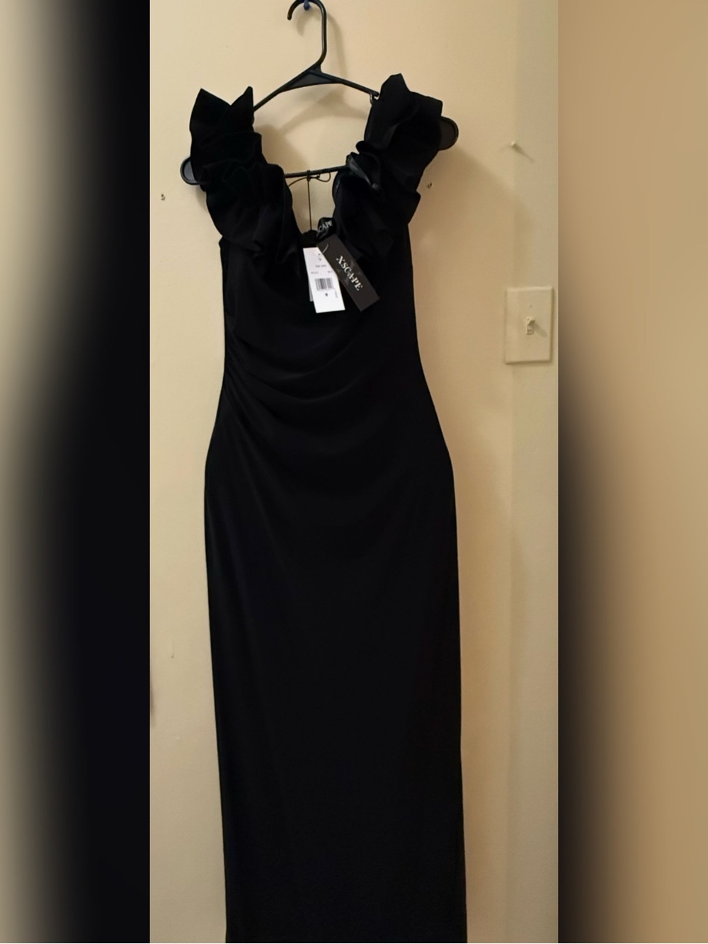 Xscape Black Maxi Dress with Ruffle Shoulder Detail